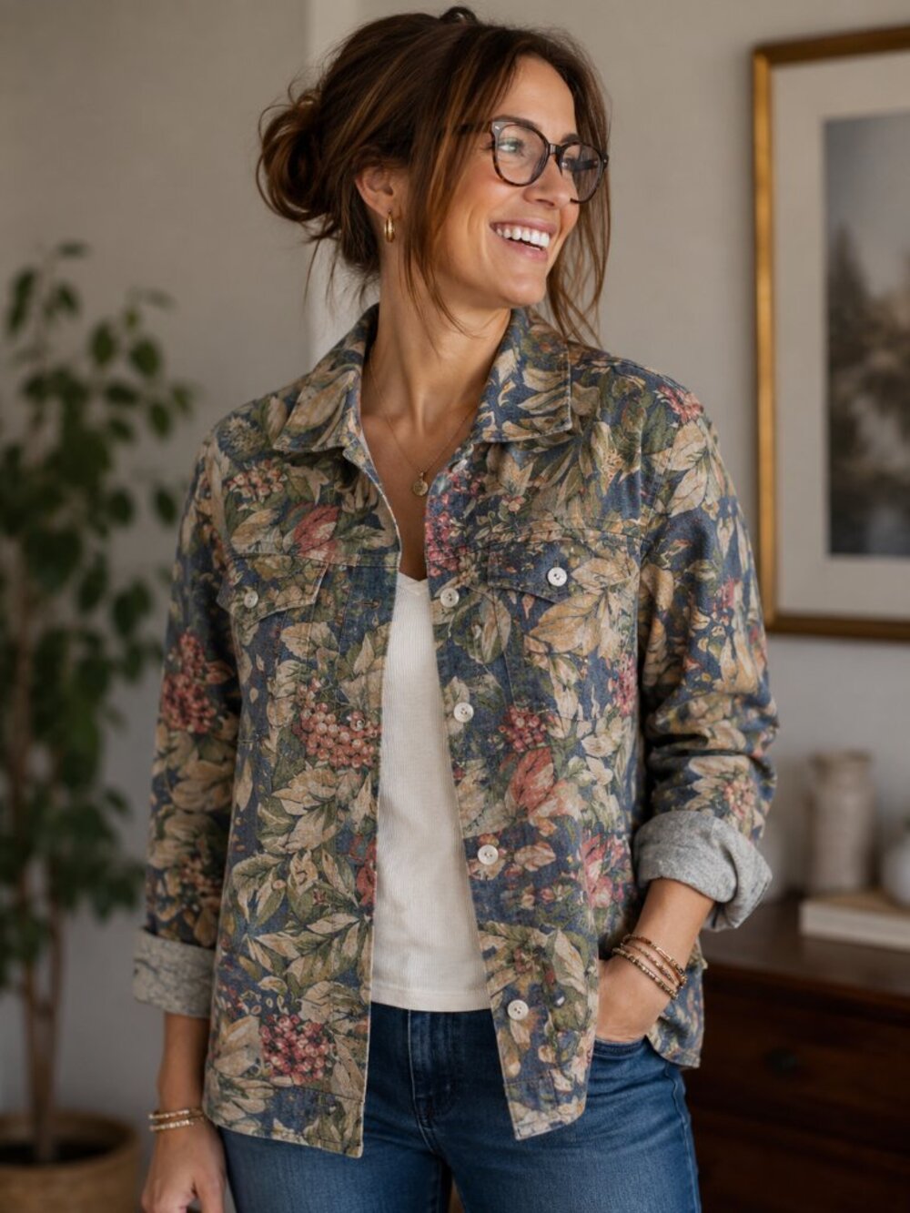 Norm Thompson Vintage 100% Cotton Earthy Floral Jacket 2X, Made in USA